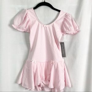 Danz-n-Motion Pink Puff Sleeve Dress Leotard with Bow Trim Skirt NEW 12-14